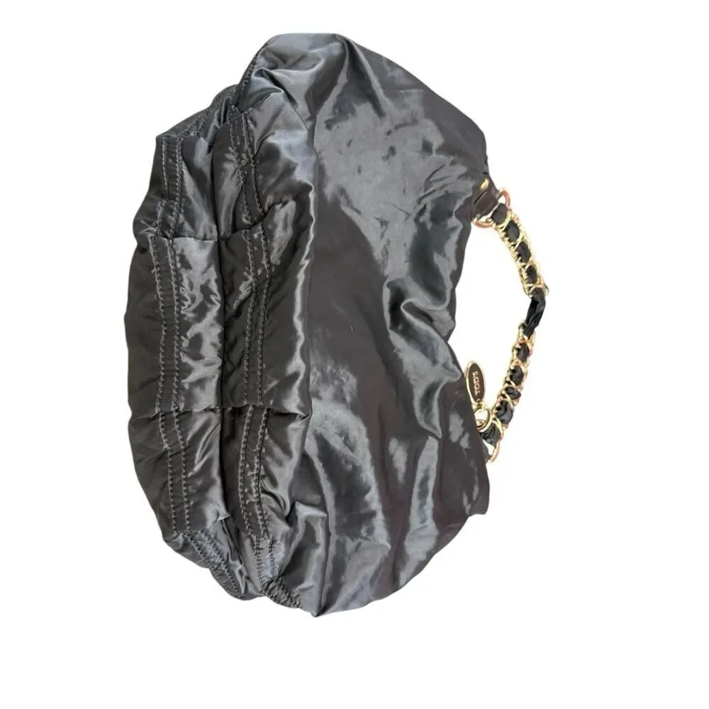 TOD’S Black Hobo Nylon Shoulder Bag w/ Gold Chain Strap & Leather Trim, Italy